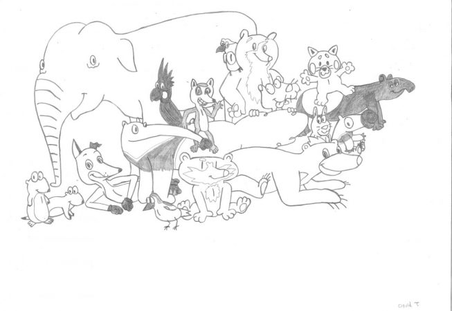 A cast of Belfast zoo animals. From left to right: Barker and Buster the prairie dogs, Tina the elephant, Mark the fox, Savio the anteater, Fink the chaffinch, Drumstick the palm cockatoo, Lola the Andean bear, a ring-tailed lemur, Rudolf the lilac-breasted roller, Spook the Andean bear (Lola's father), Freya the fossa, Indera the sun bear, Percy the rabbit, Chris the red panda, Dante the anteater and Elmer the Malayan tapir.